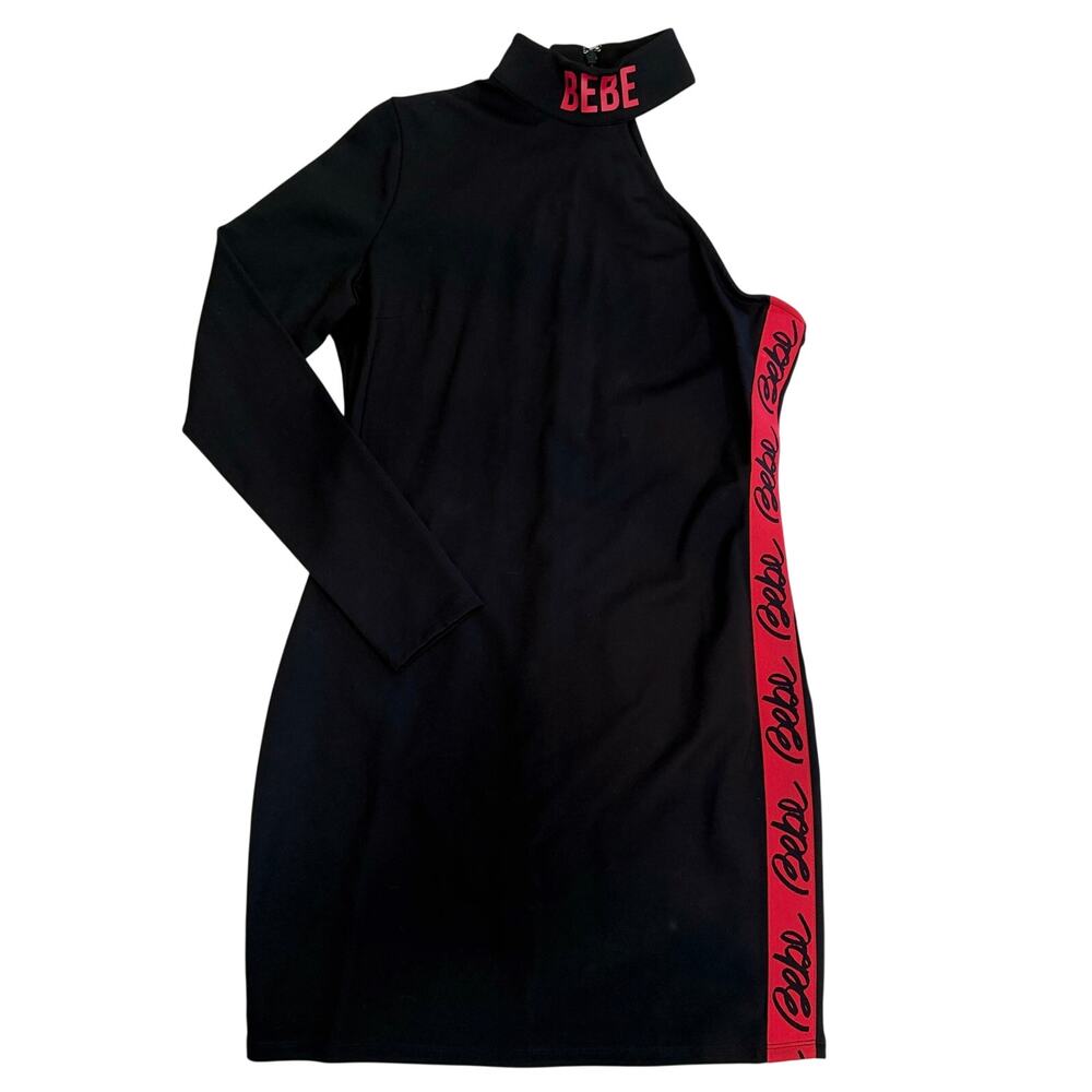 BEBE Dress Womens Medium Black Bodycon One Sleeve Cutout Mock Neck Logo Stripe